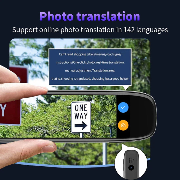 Hand holding translation device capturing a street sign, demonstrating real-time photo translation functionality outdoors.