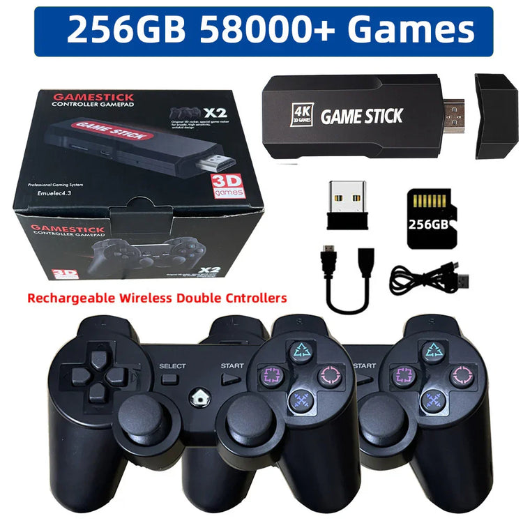 Black wireless gaming console with two controllers, USB stick, SD card, and charging cable.