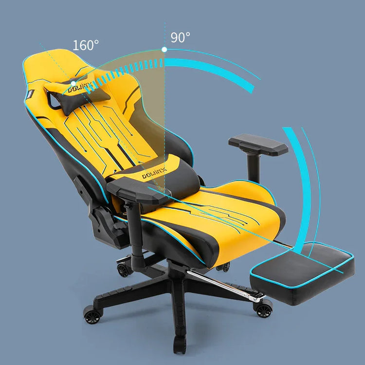 Yellow and black ergonomic gaming chair with adjustable backrest, armrests, and leg rest.