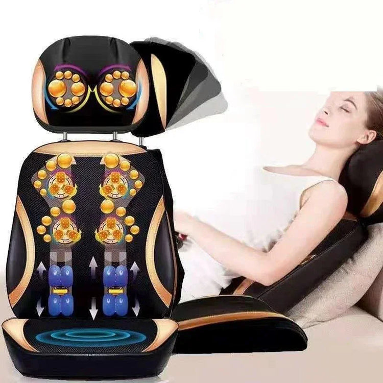 Black and beige massage chair pad with mesh fabric and ergonomic fit, used by woman relaxing indoors.