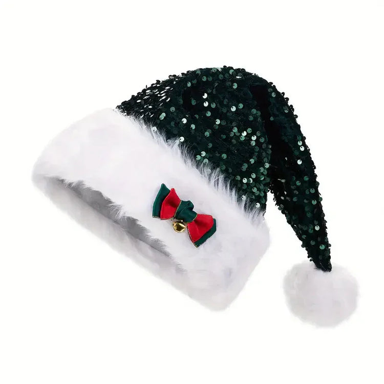 Green sequin Santa hat with white faux fur trim, fluffy pom pom, and red-green bow accent