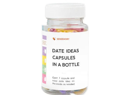 Clear bottle filled with colorful capsules labeled &