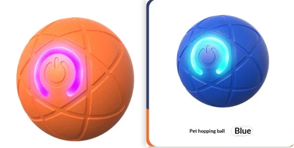 Orange and blue silicone pet hopping balls with LED power button, textured surface