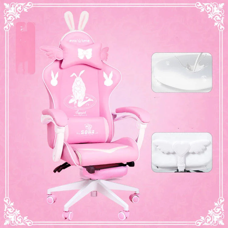 Pink ergonomic gaming chair with bunny ears, wing-shaped accents, and soft padded armrests.
