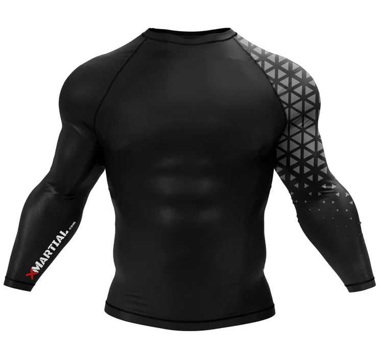 Black long sleeve athletic compression shirt with geometric pattern on one sleeve