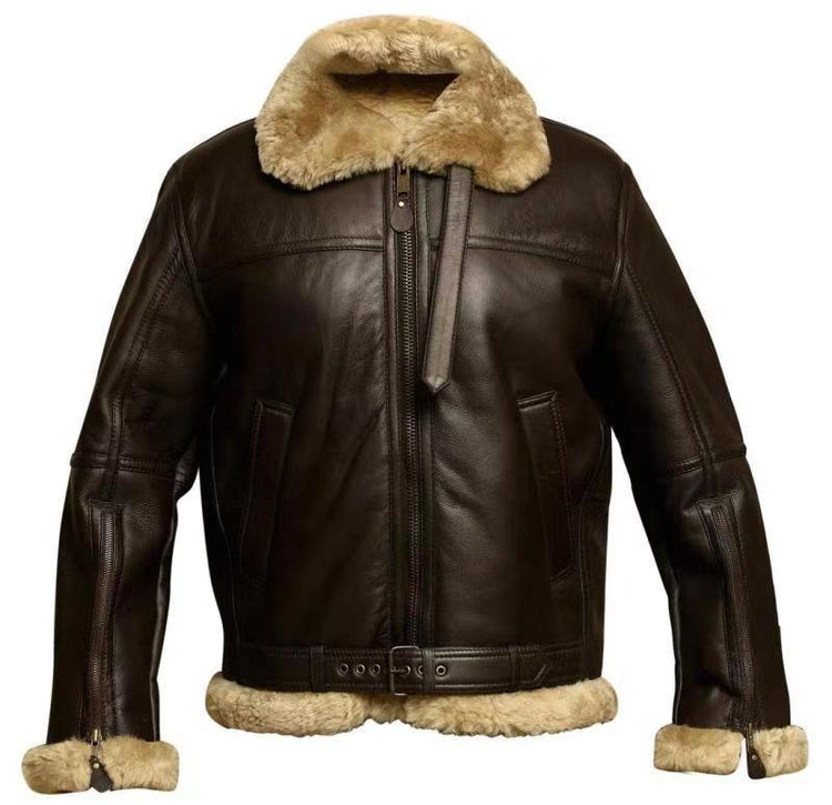 Dark brown leather shearling jacket with beige fur collar and cuffs, classic relaxed fit
