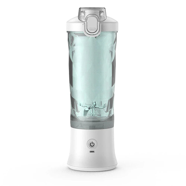 White and clear portable electric blender with geometric textured cup and power button