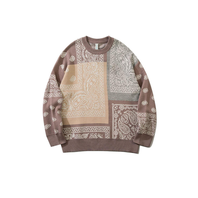 Oversized crewneck sweater in beige and brown patchwork paisley print, relaxed fit, knit material