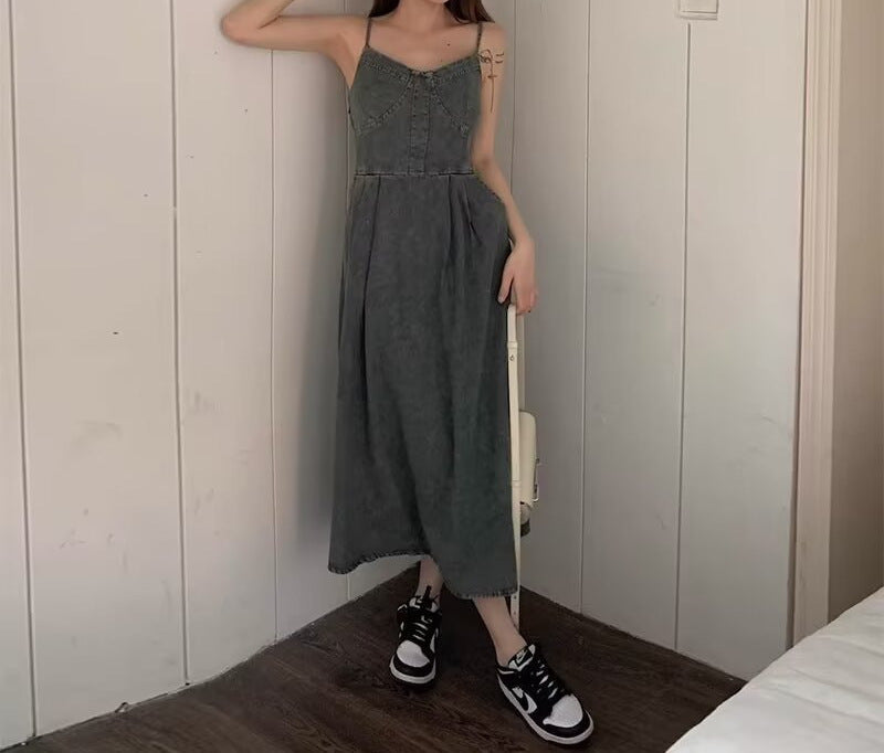 Hot Girl Retro Denim Sling Dress Women's Clothing
