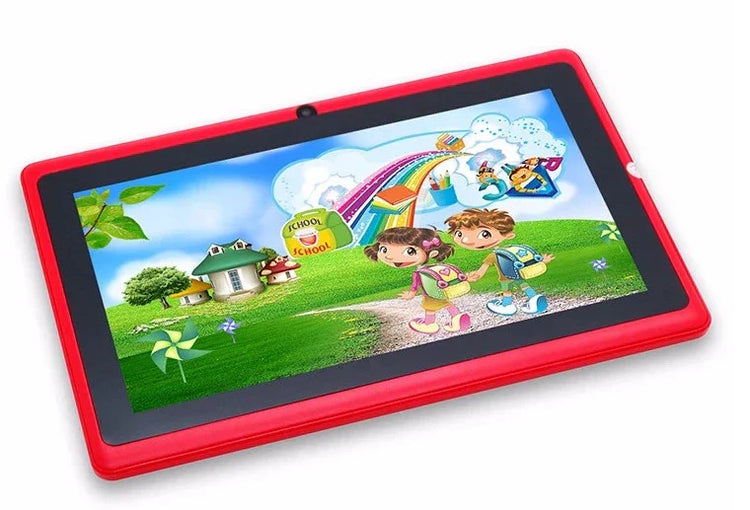 Red tablet with colorful children’s cartoon on display, durable plastic case, slim design