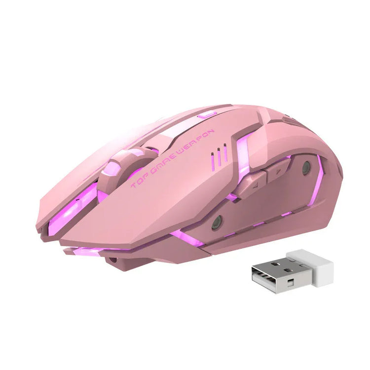 Pink wireless gaming mouse with LED lights and USB receiver, sleek ergonomic design