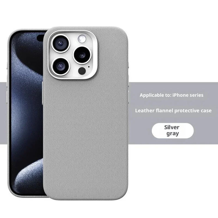 Silver gray leather flannel iPhone case with textured finish, slim and protective fit.