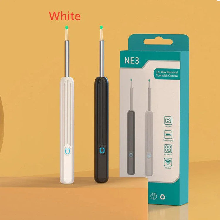 White and black electronic ear wax removal tools with slim design and textured grip, next to packaging.