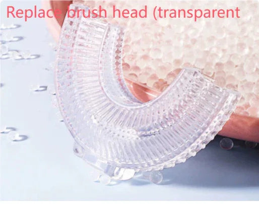 Transparent silicone U-shaped brush head for automatic toothbrush on soft pink background