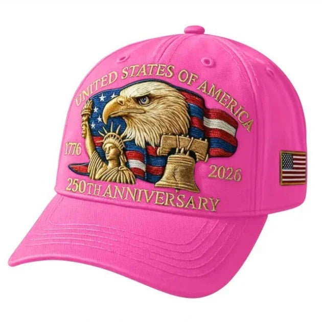Pink baseball cap with embroidered eagle, Statue of Liberty, and Liberty Bell design, structured fit