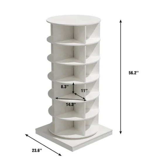 White rotating cylindrical shelf organizer with multiple compartments and dimensions labeled