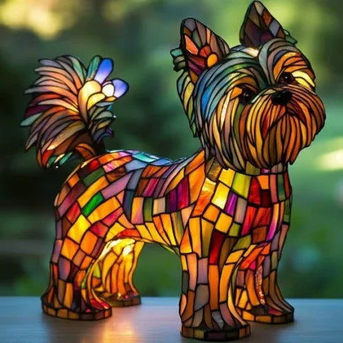 Stained glass dog-shaped lamp with vibrant multicolor mosaic pattern, home decor accent