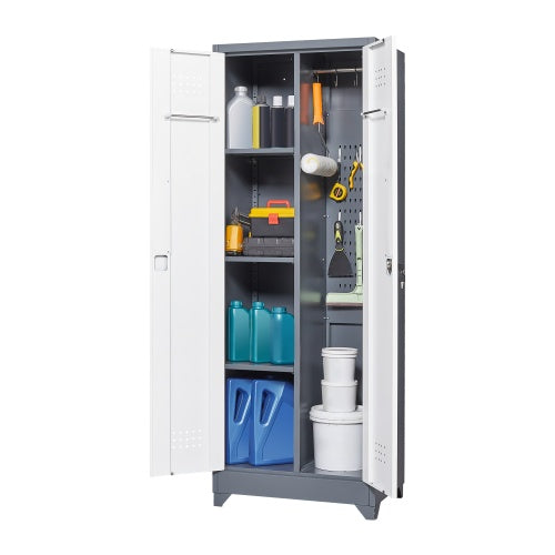 Gray And White Color Metal Lockers, Cleaning Tool Cabinets With Locking Doors, High Broom Tool Storage Cabinets, Adjustable Shelves, Large Cabinets For Kitchens, Offices, Shops.65 Inches
