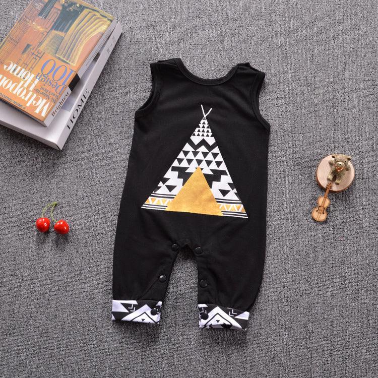 Black sleeveless baby romper with geometric teepee print and white patterned cuffs, cotton material, relaxed fit.