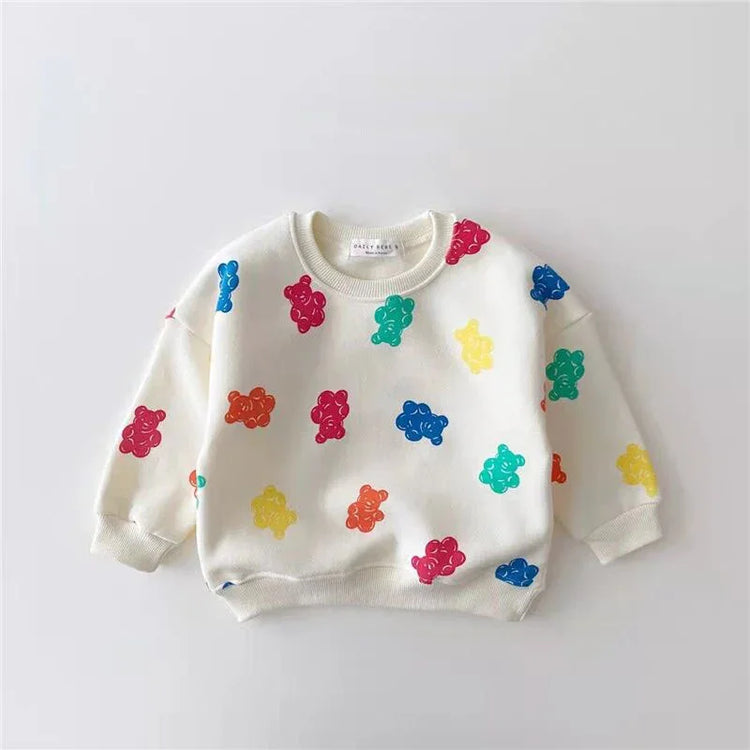 White oversized sweatshirt with colorful bear print, crew neck, cotton, relaxed fit