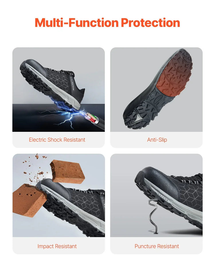 Black rugged safety sneaker with hexagonal pattern, anti-slip sole, and multi-protection features
