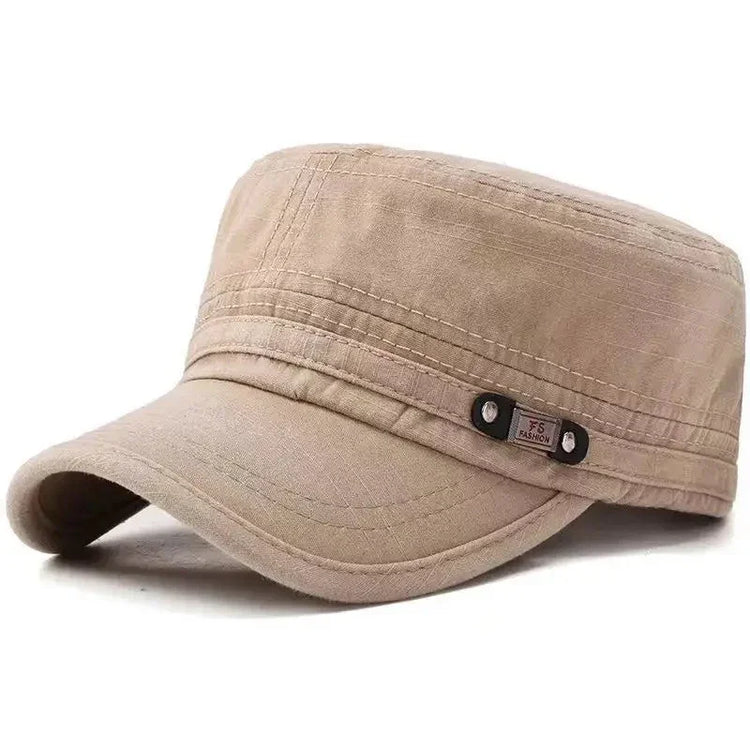 Beige cotton military-style cap with curved brim and relaxed fit, casual streetwear accessory.