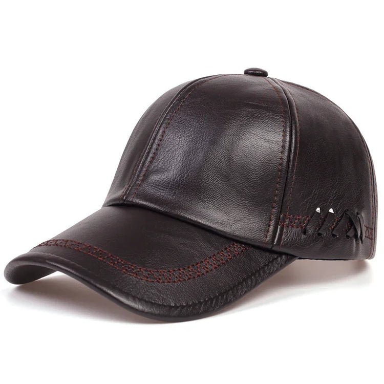 Dark brown leather baseball cap with red stitching and lace detailing, curved brim, relaxed fit