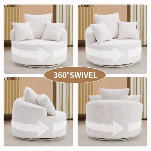 Beige boucle swivel accent chair with plush cushions, round design, demonstrated in four angles.