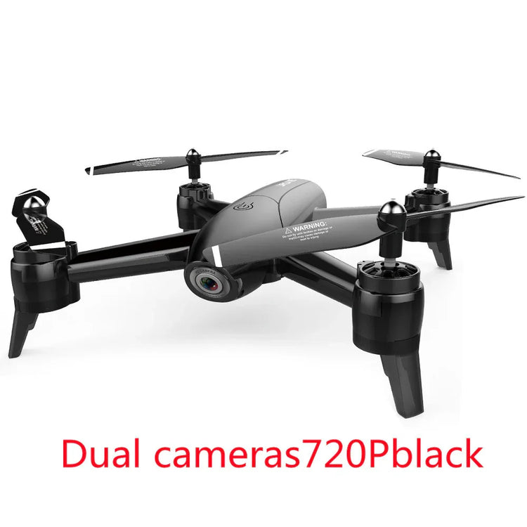 Black quadcopter drone with dual 720P cameras, sleek design, and propeller guards