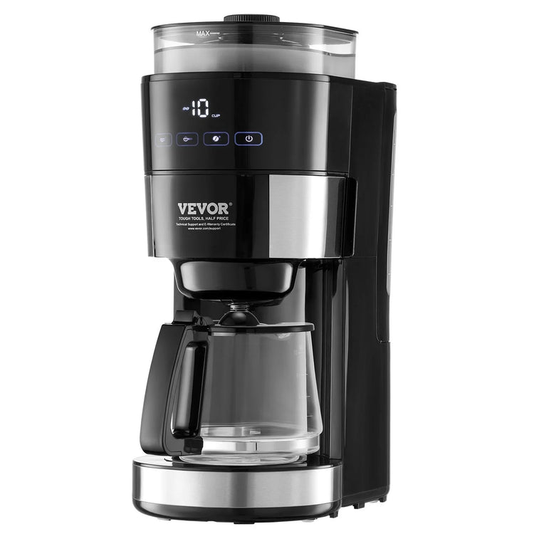 Black and stainless steel coffee maker with digital display and glass carafe