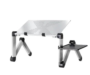 Adjustable silver metal laptop stand with side mouse tray and ventilated surface