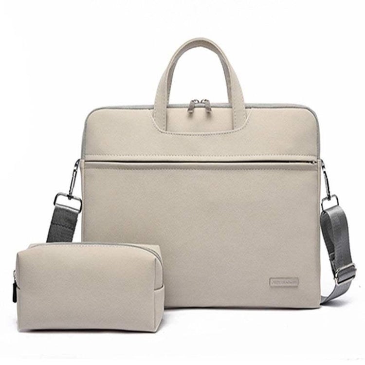 Beige laptop bag with shoulder strap and matching pouch, minimalist design, durable fabric