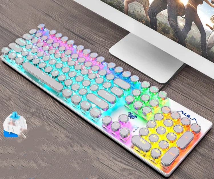 Colorful retro-style mechanical keyboard with round keycaps and RGB LED backlighting on desk