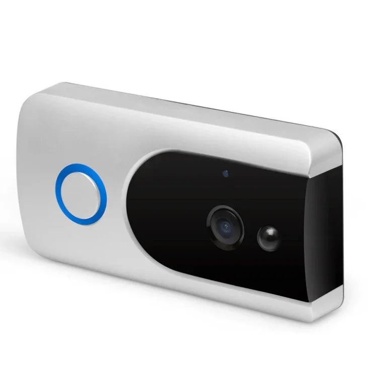 Sleek silver and black video doorbell with camera lens and illuminated blue ring button
