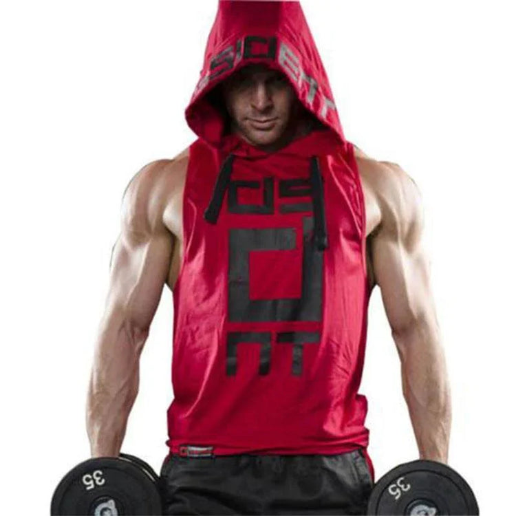 Red sleeveless muscle hoodie with black graphic print, athletic fit, lightweight material