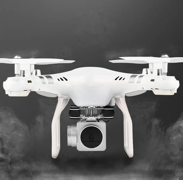 White quadcopter drone with camera, sleek plastic body, flying against a dark backdrop