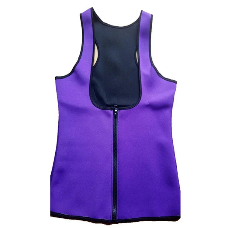 Purple neoprene zip-up tank top with black mesh racerback, athletic fit