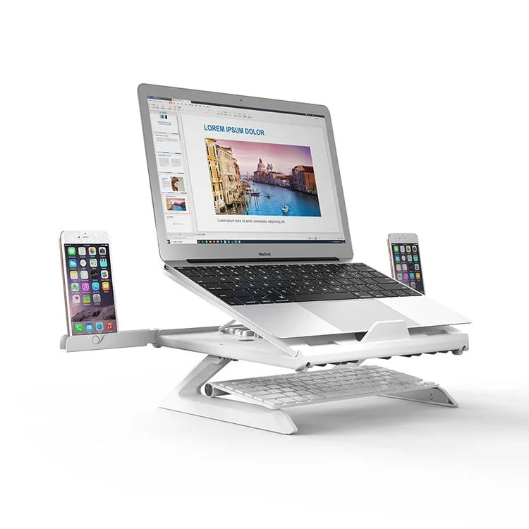 Ergonomic adjustable white laptop stand with slots for smartphones and keyboard organizer