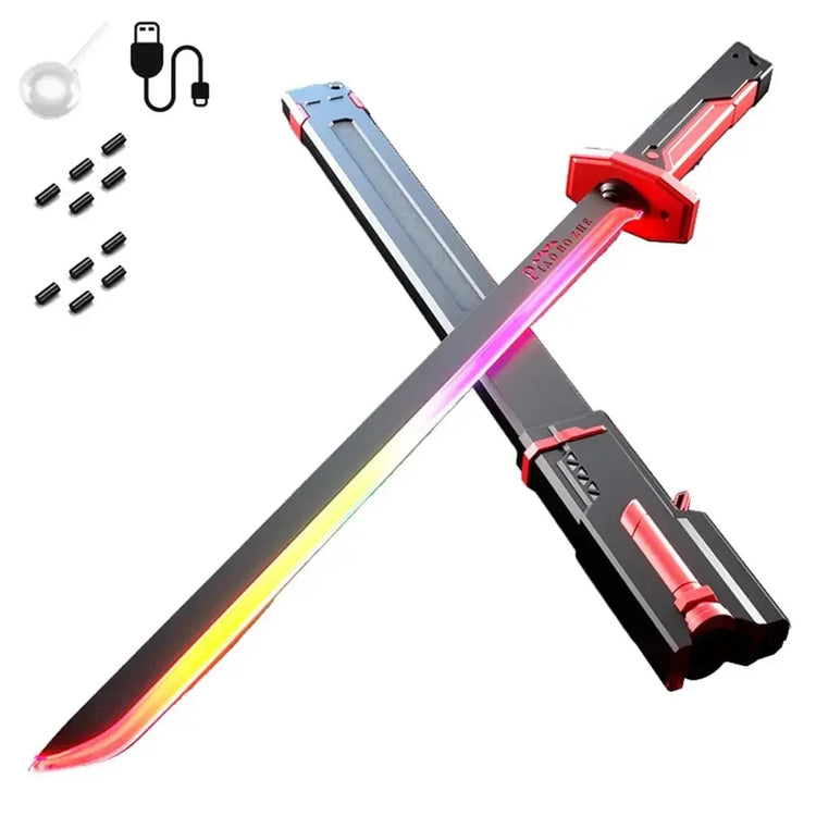 Futuristic RGB LED sword with black and red design, glowing blade, and included charging accessories.