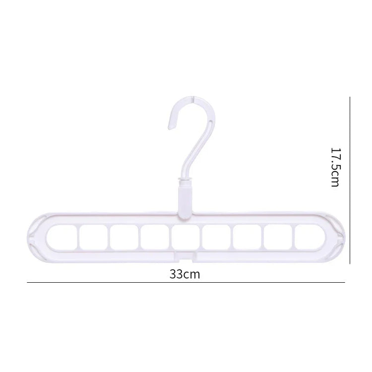 White multi-slot plastic hanger with swivel hook, 33cm wide by 17.5cm high, for closet organization.