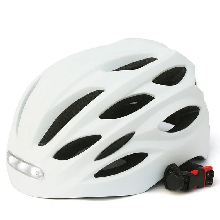 White aerodynamic bike helmet with multiple vents and adjustable strap, matte finish