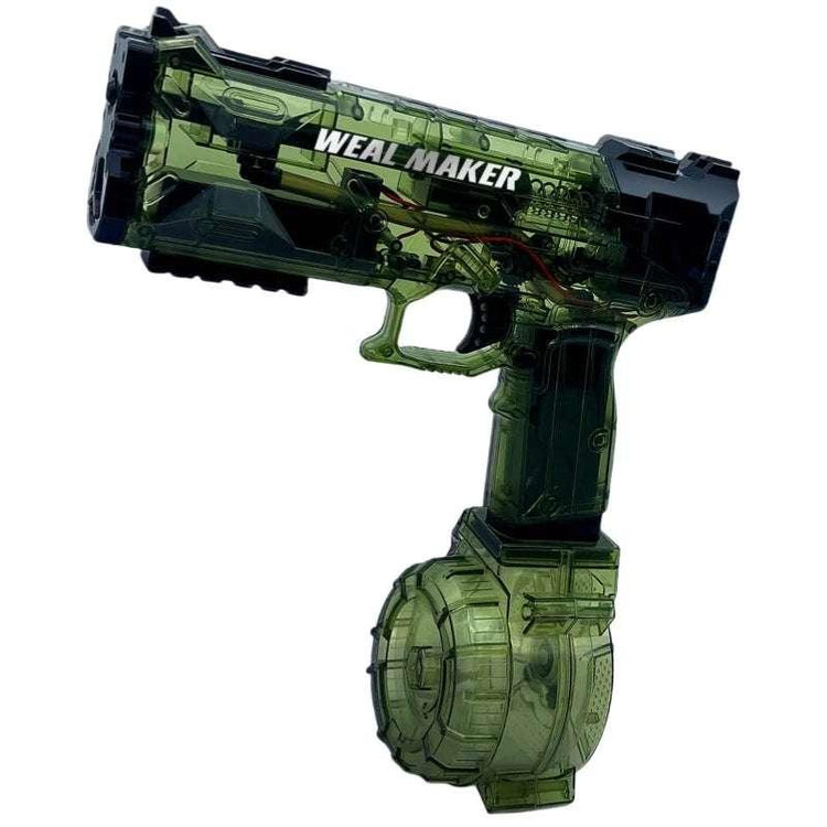 Translucent green plastic toy gun with drum magazine and bold text on the side