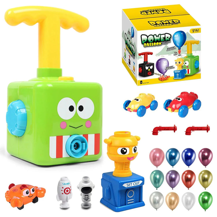 Colorful balloon car toy set with pump, small cars, rockets, and assorted balloons.