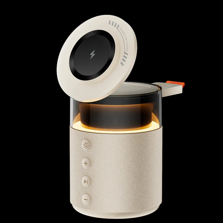 Modern beige wireless speaker with LED light, fabric texture, and touch controls