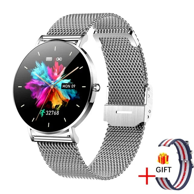 Silver mesh stainless steel smartwatch with round color display, includes extra fabric strap