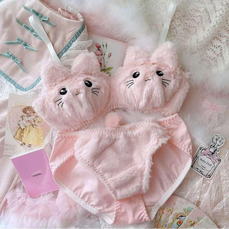 Cute pink fuzzy cat-themed lingerie set with high-waisted fit, playful ears, and soft material.