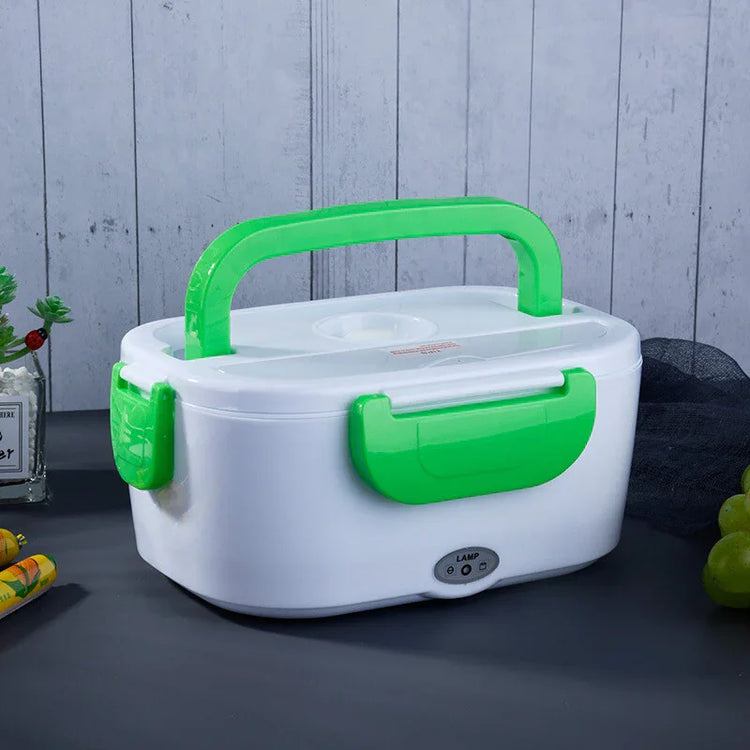 White and green portable electric lunch box with handle and secure clip lid