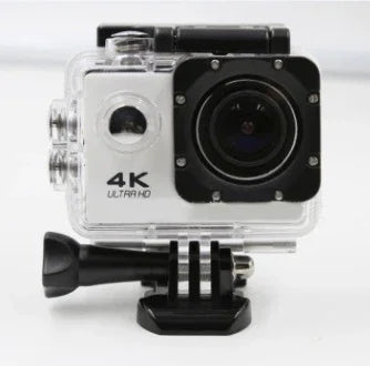 4K action camera with clear waterproof case and wide-angle lens, mounted on black base