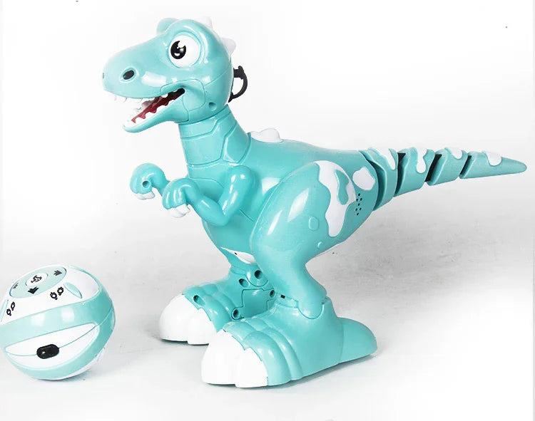 Light blue plastic robotic dinosaur toy with white details and a matching remote control