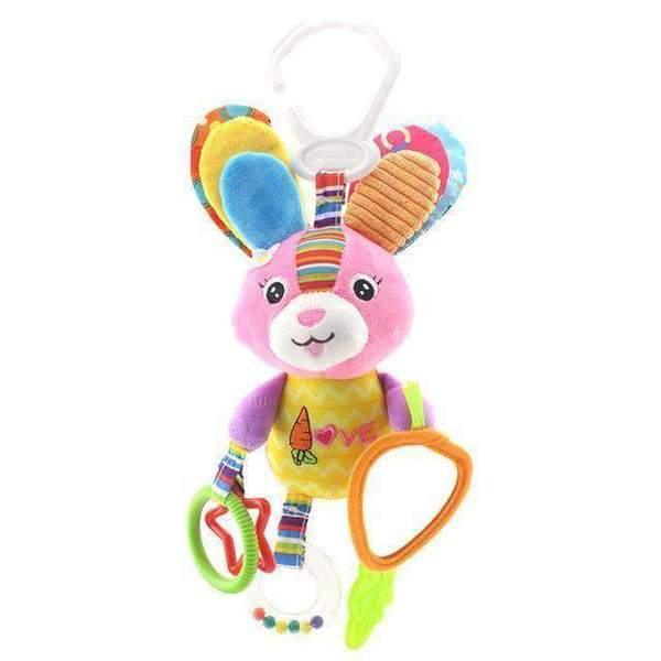 Colorful plush bunny toy with multiple textures, fabric rings, and teether attachments